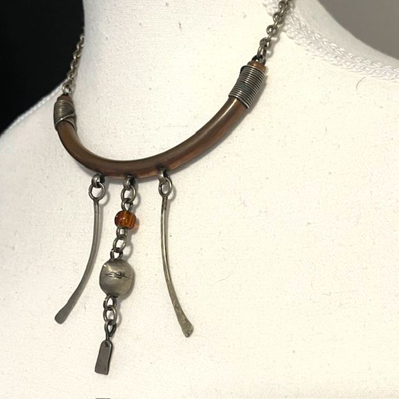Tribal Silver Tone Bronze Statement Necklace Hook Clasp Closure - Picture 3 of 6